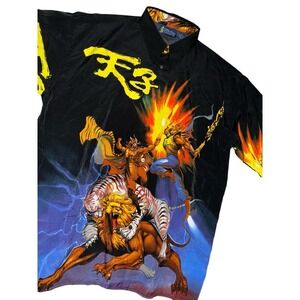 Billion Bay Anime Shirt Men's XL Black Blue Button Up Lion Tiger Warrior‎ Y2K